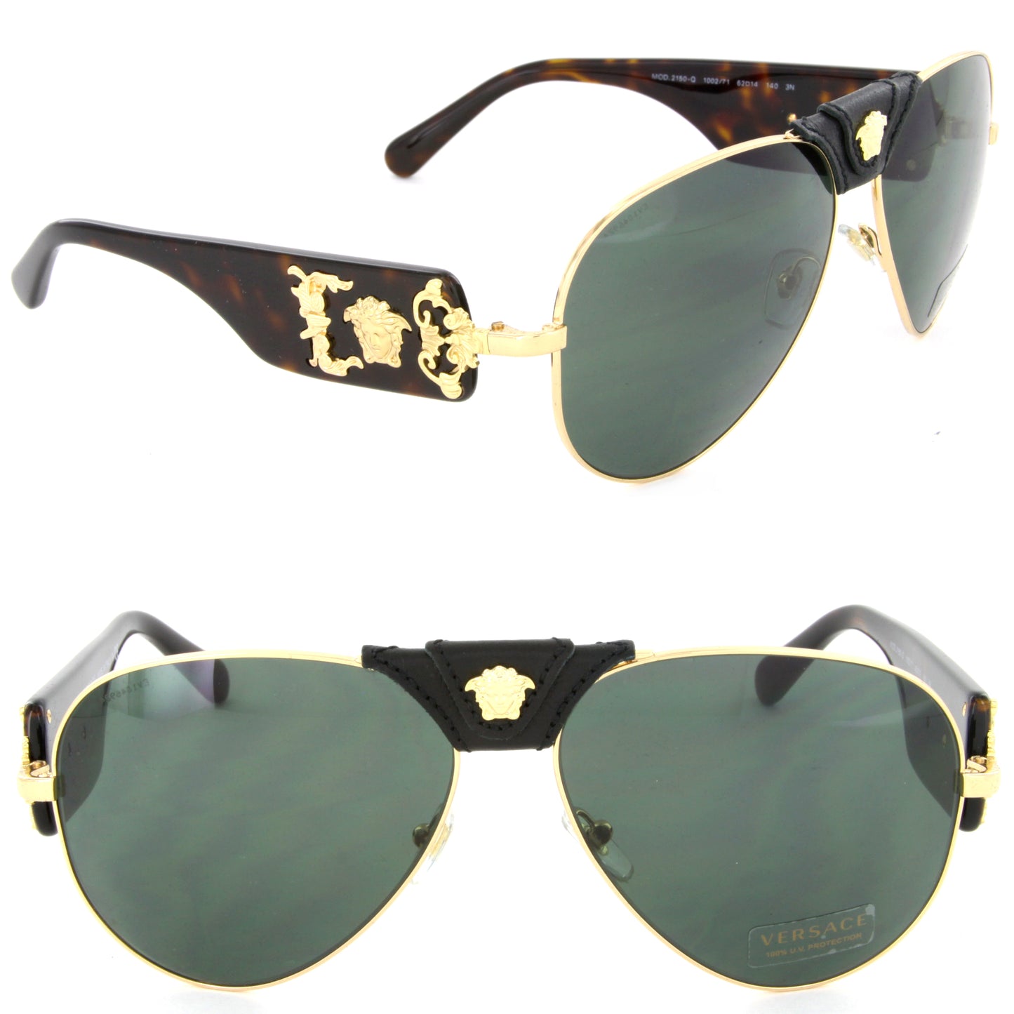 Versace VE2150Q 100271 Aviator Sunglasses Gold/Grey Green Lens