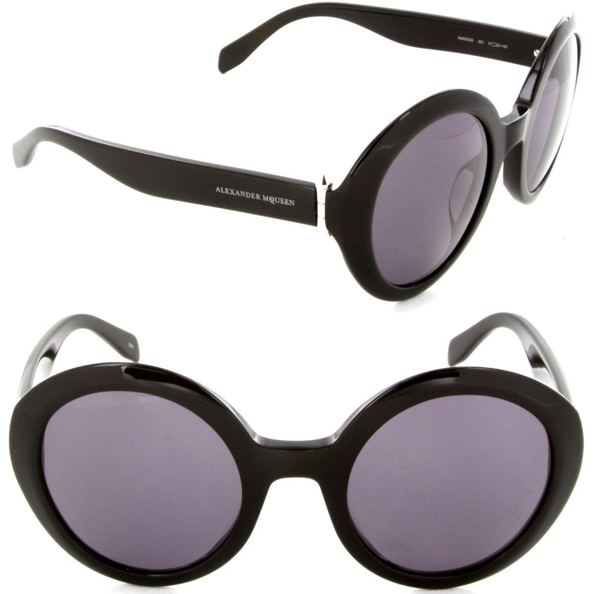 Alexander McQueen AM 0002S 001 Round Sunglasses Black/Grey Gradient Lens