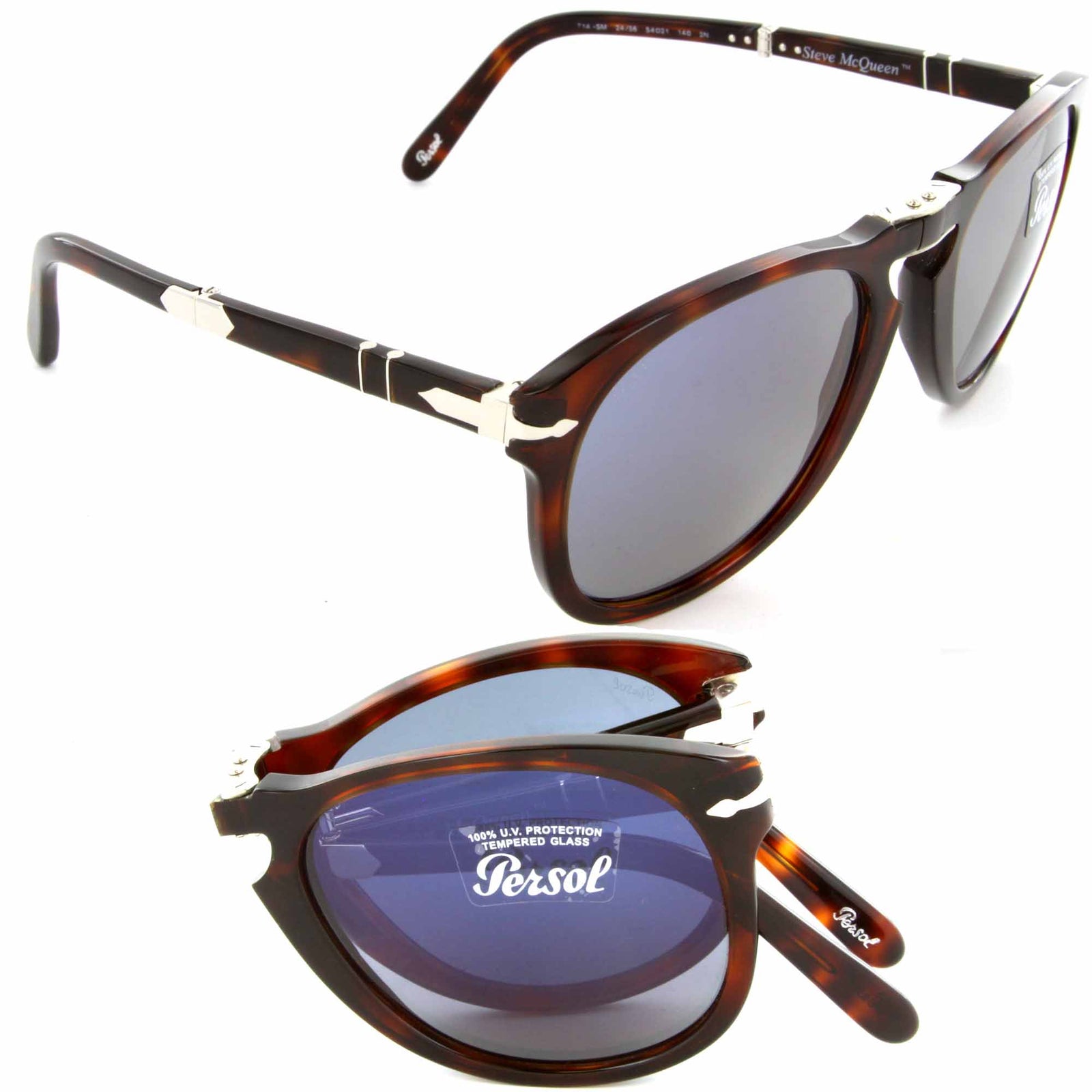 Persol PO 714SM 24/56 52mm Steve McQueen Sunglasses Havana/Crystal Blue Lens