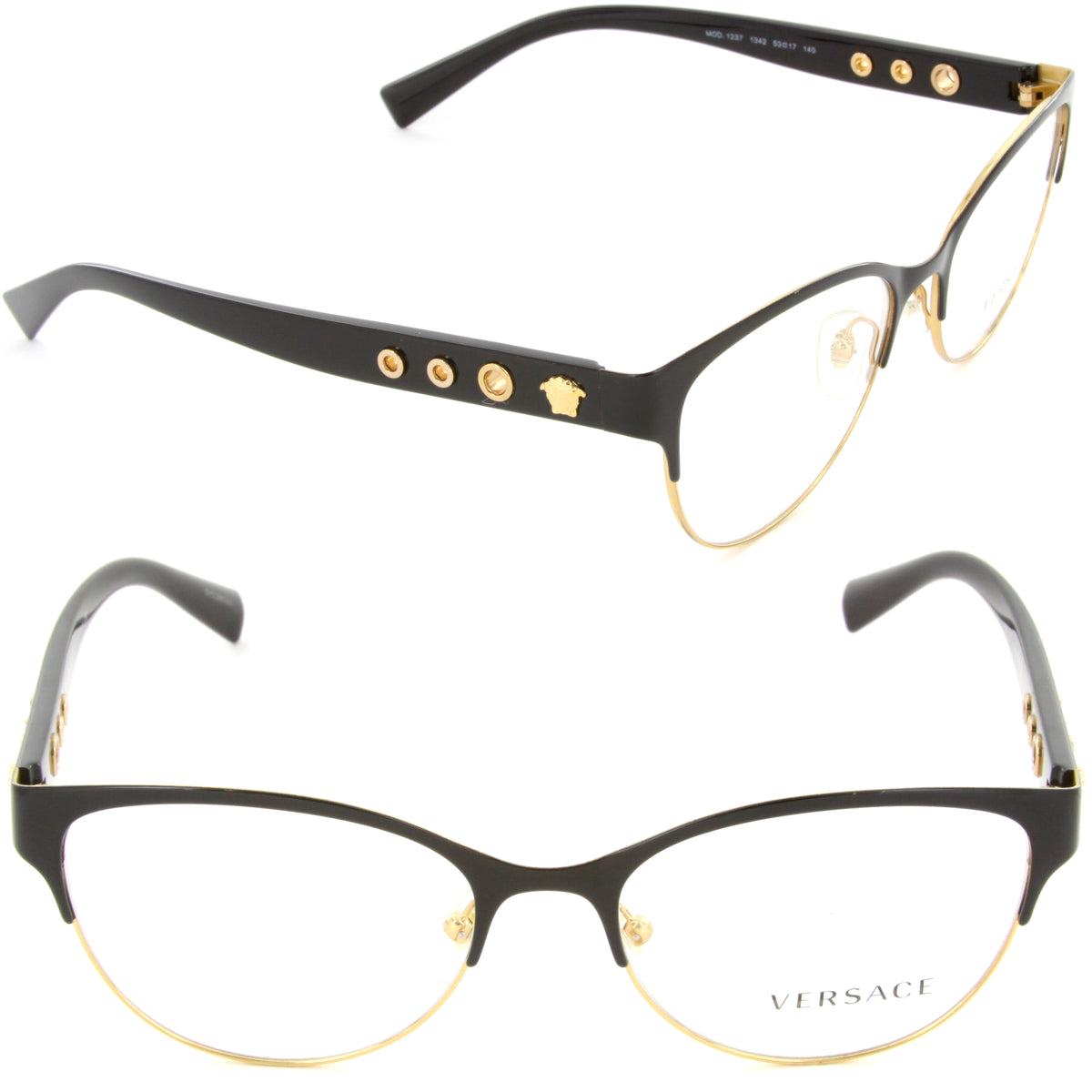 Versace VE1237 1342 53mm Oval Eyeglasses Black Gold/Demo Lens